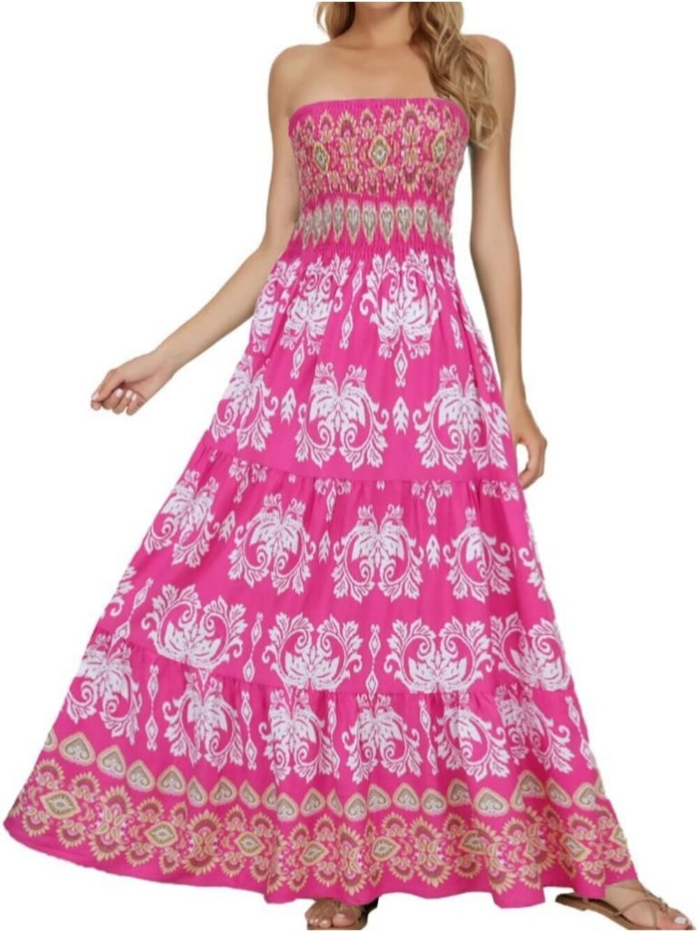 Women's Hot Pink Flower Tube Top Off Shoulder Boho Beach Long Maxi Dress